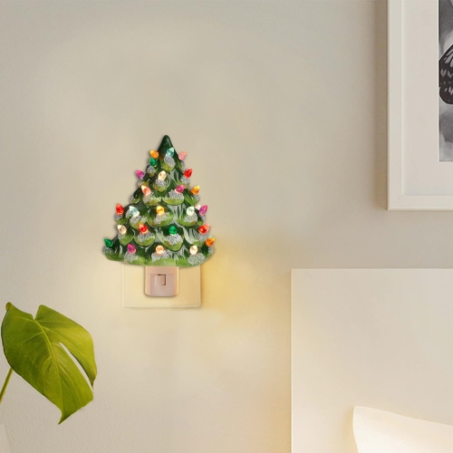 Set of 2 Ceramic Christmas Tree Night Light, 6" Christmas Decorative Ceramic Tree