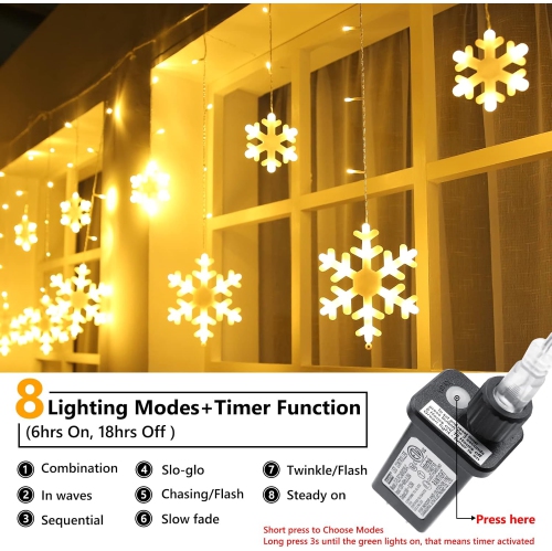 Christmas Snowflake Lights, 10.66ft 168 LED Icicle Lights Outdoor with 14 Drops, 8 Modes Waterproof Connectable Christmas Light