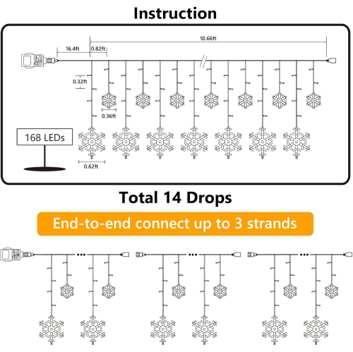 Christmas Snowflake Lights, 10.66ft 168 LED Icicle Lights Outdoor with 14 Drops, 8 Modes Waterproof Connectable Christmas Light