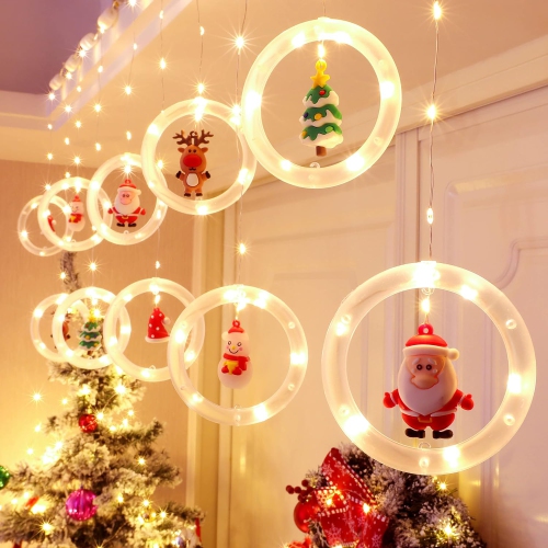 OLLNY DECOR  Window Lights Christmas Decor Ring Lights With Ornament Led Curtain Lights Indoor Outdoor USB 9.8Ft Warm Christmas String Lights Hanging