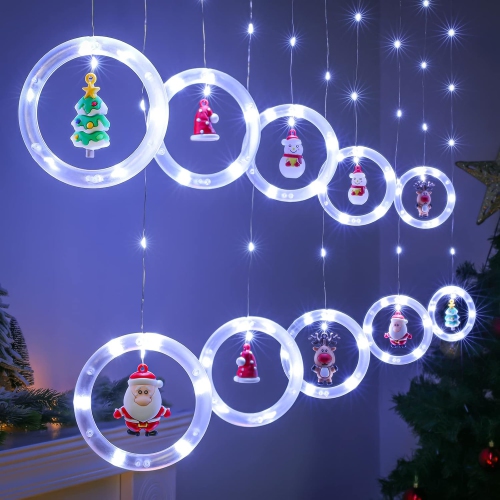 Lumières de fenêtre Décoration de Noël Anneaux lumineux avec décoration LED Rideaux d'intérieur USB 9.8&nbsp;pi Jeu de lumières de Noël blanc froid