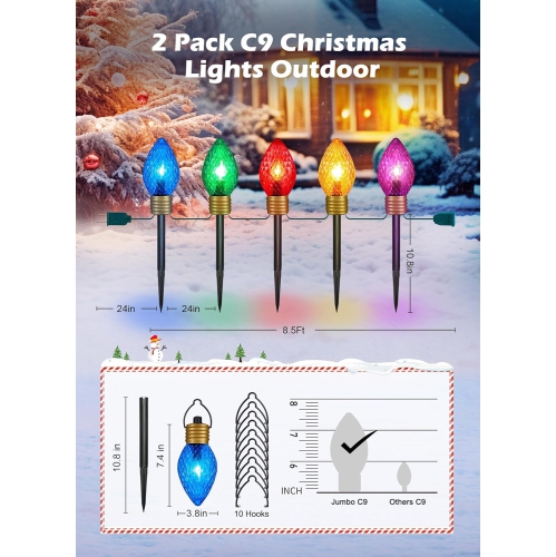 2 Pack Outdoor Christmas Decorations Jumbo Xmas String Lights or Pathway Marker Lights, Large Multicolored Strawberry Bulbs Hanging Lights Waterproof
