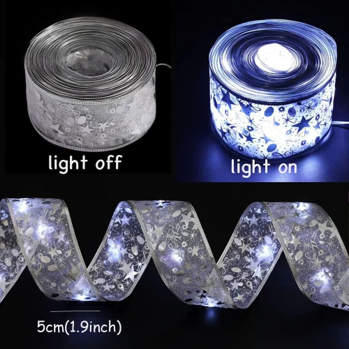 Christmas Tree Decorations Silver Ribbon String Lights 32ft 100 Led Fairy Lights Battery-Powered Copper Wire Ribbon Bows Lights for Christmas Tree