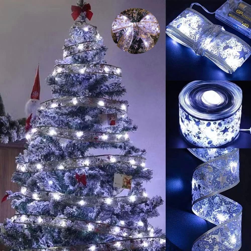 Christmas Tree Decorations Silver Ribbon String Lights 32ft 100 Led Fairy Lights Battery-Powered Copper Wire Ribbon Bows Lights for Christmas Tree