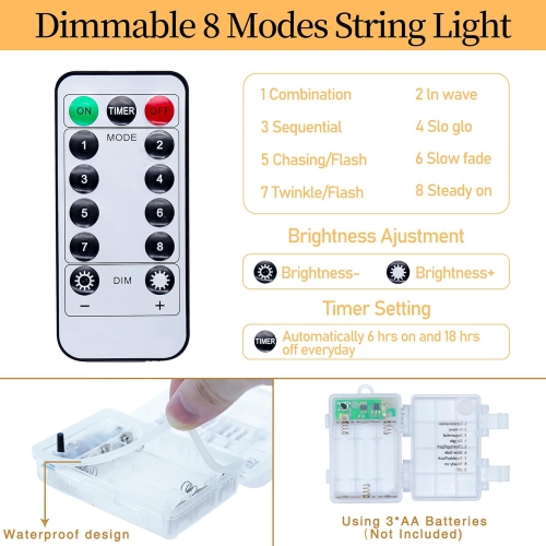 200 LED String Lights, 20FT Battery Powered Fairy Lights Indoor Outdoor, Waterproof 8 Modes Copper Wire Christmas String Lights