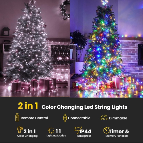 Christmas Lights, 98.4ft 300 LED Christmas Fairy Lights, Clear White & Multi Color Changing String Lights, with Remote 11 Modes 30V Xmas Tree Lights