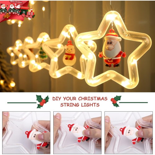 Christmas Curtain Lights Indoor Hanging Window Light 10 Stars Ring with Xmas Ornaments - USB Remote Control 9.8ft Christmas Window Lights Decorations