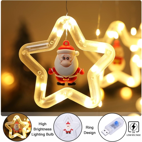 Christmas Curtain Lights Indoor Hanging Window Light 10 Stars Ring with Xmas Ornaments - USB Remote Control 9.8ft Christmas Window Lights Decorations