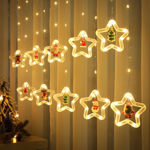 Christmas Curtain Lights Indoor Hanging Window Light 10 Stars Ring with Xmas Ornaments - USB Remote Control 9.8ft Christmas Window Lights Decorations