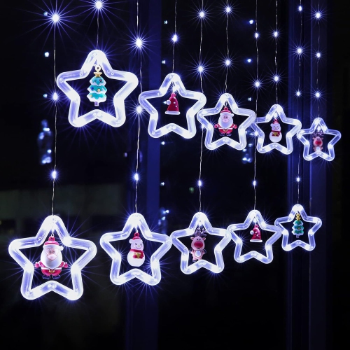 Christmas Curtain Lights Indoor Hanging Window Light 10 Stars Ring with Xmas Ornaments - USB Remote Control 9.8ft Christmas Window Lights Decorations