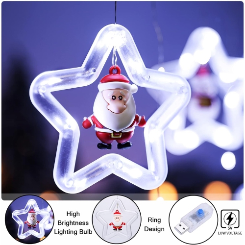 Christmas Curtain Lights Indoor Hanging Window Light 10 Stars Ring with Xmas Ornaments - USB Remote Control 9.8ft Christmas Window Lights Decorations