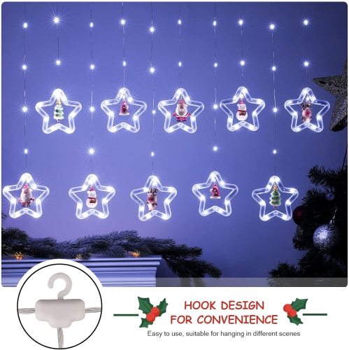 Christmas Curtain Lights Indoor Hanging Window Light 10 Stars Ring with Xmas Ornaments - USB Remote Control 9.8ft Christmas Window Lights Decorations