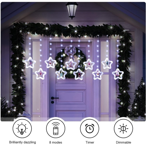 Christmas Curtain Lights Indoor Hanging Window Light 10 Stars Ring with Xmas Ornaments - USB Remote Control 9.8ft Christmas Window Lights Decorations