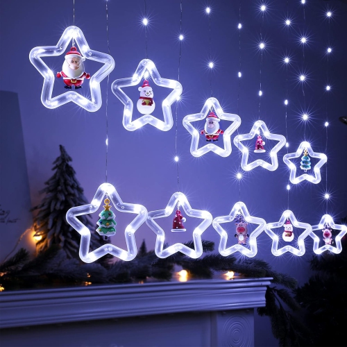 Christmas Curtain Lights Indoor Hanging Window Light 10 Stars Ring with Xmas Ornaments - USB Remote Control 9.8ft Christmas Window Lights Decorations