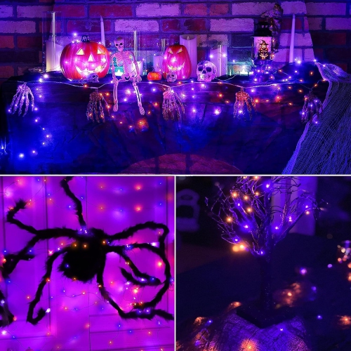 Orange Purple Halloween Lights, 2 Pack 55ft 150 LED Solar Halloween Lights, 8 Modes Waterproof Black Copper Wire Lights