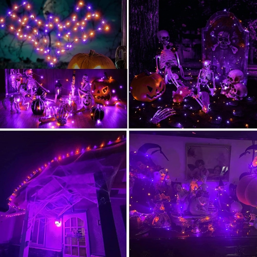 Orange Purple Halloween Lights, 2 Pack 55ft 150 LED Solar Halloween Lights, 8 Modes Waterproof Black Copper Wire Lights
