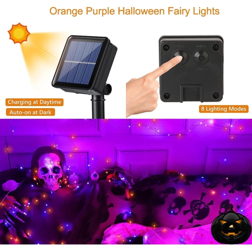 Orange Purple Halloween Lights, 2 Pack 55ft 150 LED Solar Halloween Lights, 8 Modes Waterproof Black Copper Wire Lights