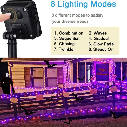 Orange Purple Halloween Lights, 2 Pack 55ft 150 LED Solar Halloween Lights, 8 Modes Waterproof Black Copper Wire Lights