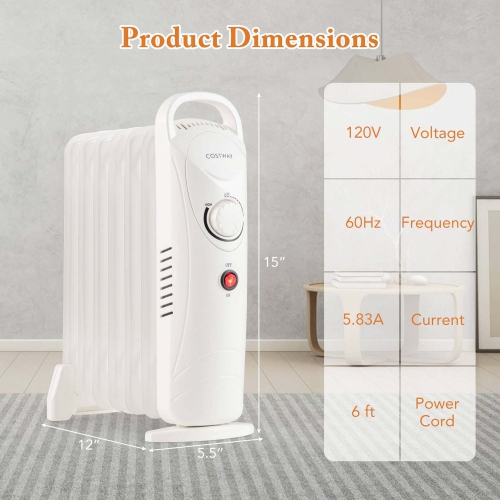 Costway 700W Portable Oil Heater with Adjustable Thermostat & 120 Sq.Ft Heating Range