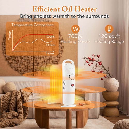 Costway 700W Portable Oil Heater with Adjustable Thermostat & 120 Sq.Ft Heating Range
