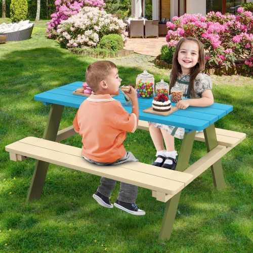 Costway Kids Wooden Picnic Table Set Solid Dining Table with Built-in Benches for Patio