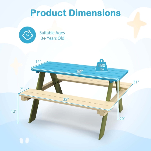 Costway Kids Wooden Picnic Table Set Solid Dining Table with Built-in Benches for Patio