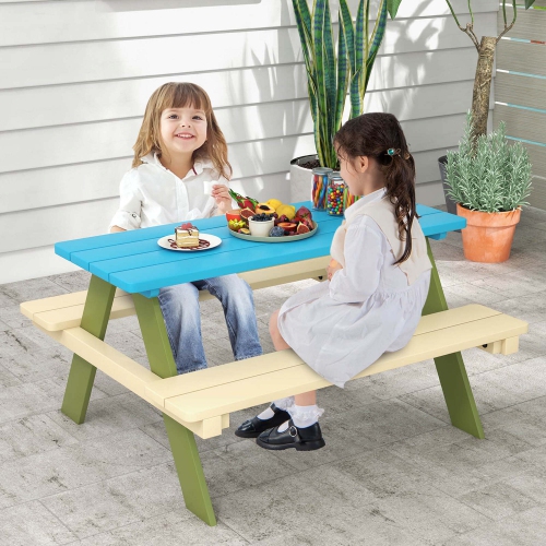 Costway Kids Wooden Picnic Table Set Solid Dining Table with Built-in Benches for Patio