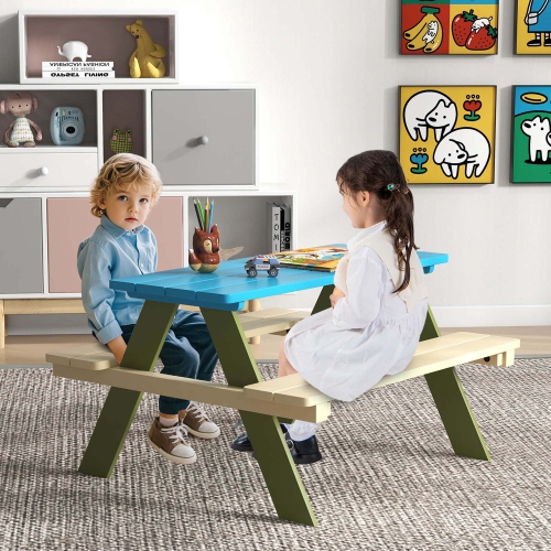 Costway Kids Wooden Picnic Table Set Solid Dining Table with Built-in Benches for Patio