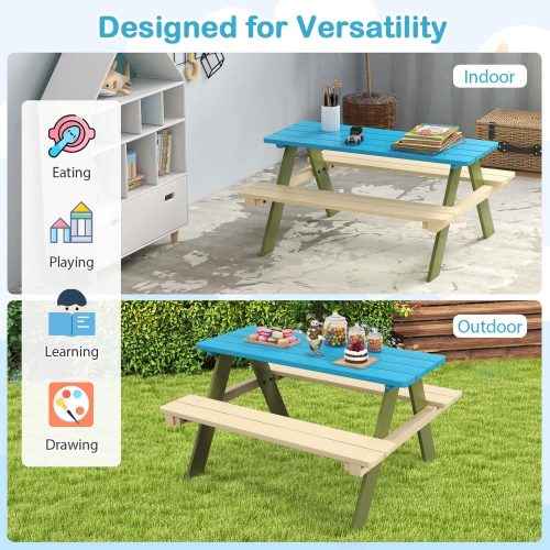 Costway Kids Wooden Picnic Table Set Solid Dining Table with Built-in Benches for Patio