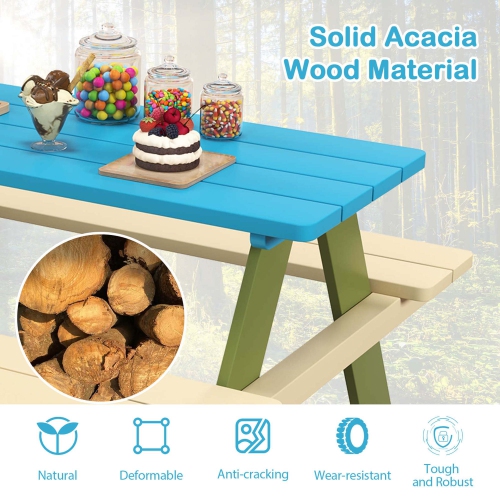 Costway Kids Wooden Picnic Table Set Solid Dining Table with Built-in Benches for Patio