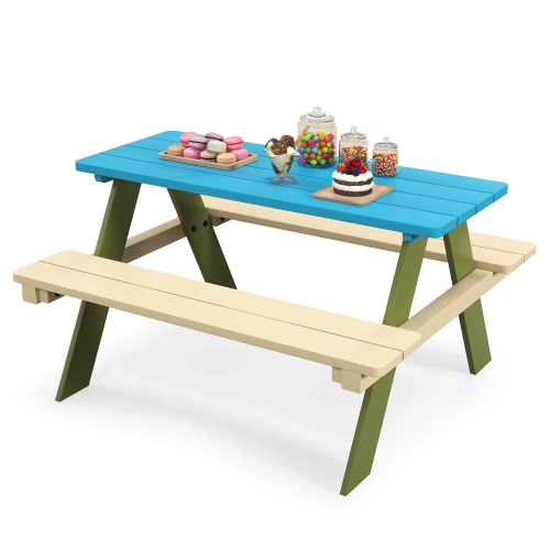 Costway Kids Wooden Picnic Table Set Solid Dining Table with Built-in Benches for Patio