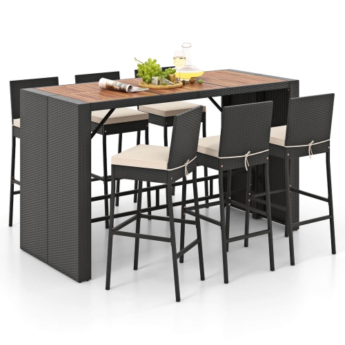 Costway 7 Pieces Patio Bar Set with Acacia Wood Tabletop & Removable Cushions Outdoor