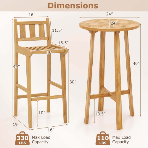 Costway 3 PCS Patio Bar Set Round Cocktail Table with 2 Armless Bar Height Stools