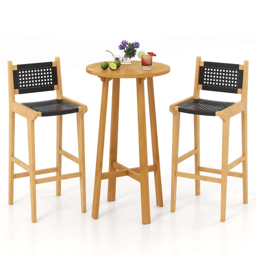 Costway 3 PCS Patio Bar Set Round Cocktail Table with 2 Armless Rattan Bar Stools