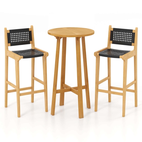 Costway 3 PCS Patio Bar Set Round Cocktail Table with 2 Armless Rattan Bar Stools