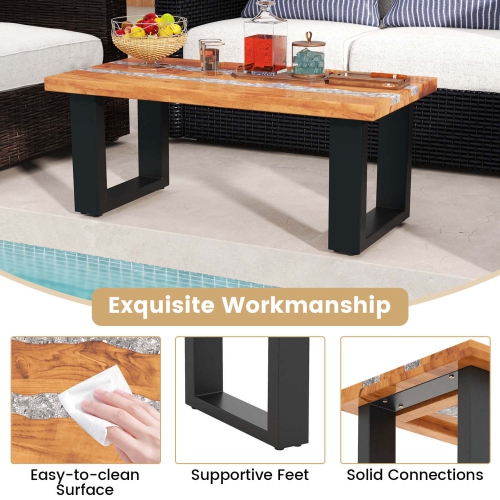 Costway Teak Wood Patio Table with River Feel Epoxy Tabletop Indoor Outdoor Side Table