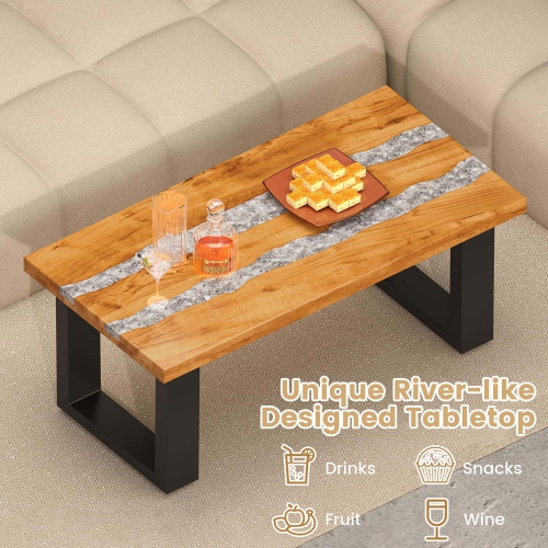 Costway Teak Wood Patio Table with River Feel Epoxy Tabletop Indoor Outdoor Side Table