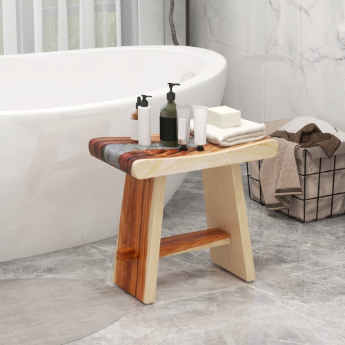 Costway 19 Inch Teak Wood Shower Bench with Epoxy Finish & Curved Seat for Inside Shower