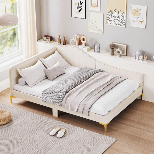Costway Full Size Upholstered Daybed Rivet-Tufted Platform Bed with Metal Legs Wood Slats