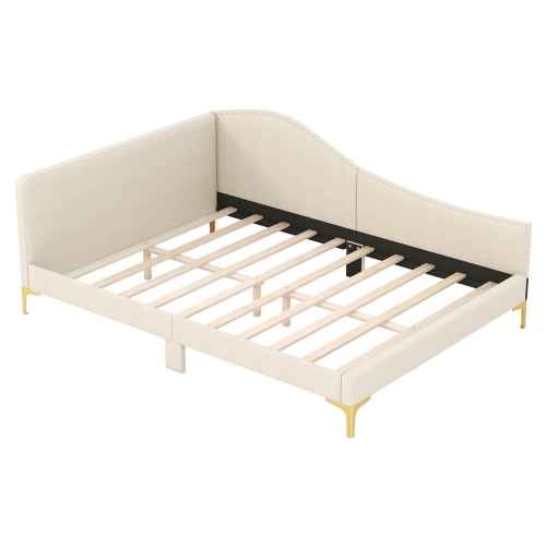 Costway Full Size Upholstered Daybed Rivet-Tufted Platform Bed with Metal Legs Wood Slats