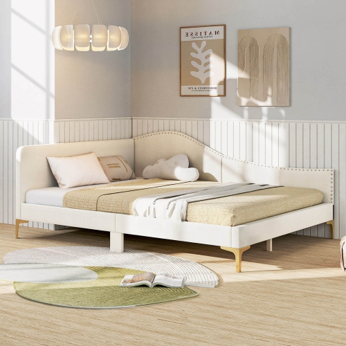 Costway Full Size Upholstered Daybed Rivet-Tufted Platform Bed with Metal Legs Wood Slats