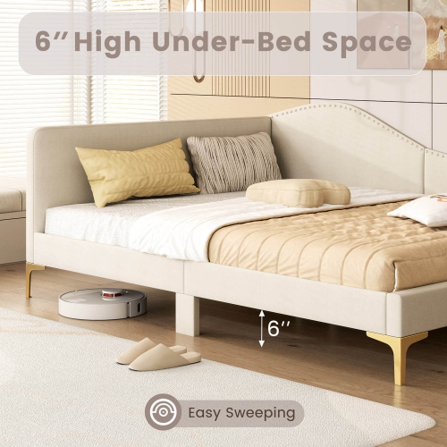 Costway Full Size Upholstered Daybed Rivet-Tufted Platform Bed with Metal Legs Wood Slats