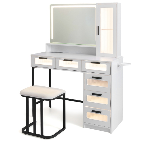 Costway Modern Vanity Desk Bedroom Vanity Set with Mirror & Induction Lighting 6 Drawers