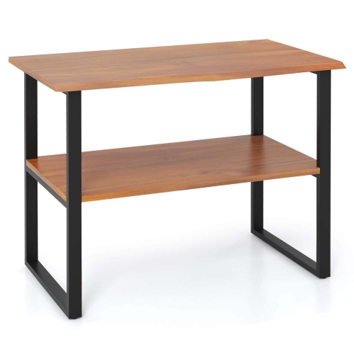 Costway 2-Tier Teak Bathroom Storage Shelf Freestanding Wooden Bookshelf for Living Room