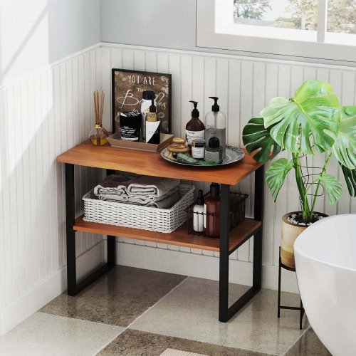 Costway 2-Tier Teak Bathroom Storage Shelf Freestanding Wooden Bookshelf for Living Room