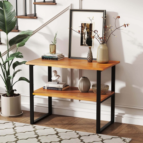 Costway 2-Tier Teak Bathroom Storage Shelf Freestanding Wooden Bookshelf for Living Room