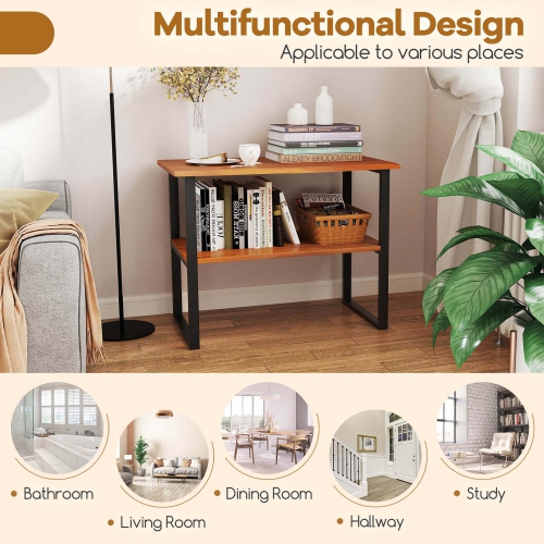 Costway 2-Tier Teak Bathroom Storage Shelf Freestanding Wooden Bookshelf for Living Room