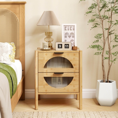 Costway 1 PCS Bamboo Nightstand with 2 Storage Drawers & Reeded Tempered Glass Fronts Bedroom