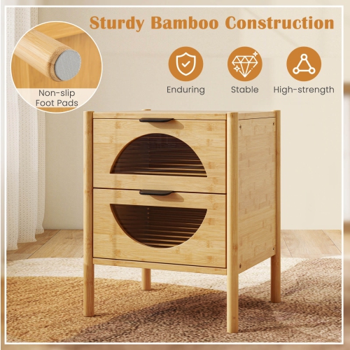 Costway 1 PCS Bamboo Nightstand with 2 Storage Drawers & Reeded Tempered Glass Fronts Bedroom