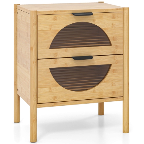Costway 1 PCS Bamboo Nightstand with 2 Storage Drawers & Reeded Tempered Glass Fronts Bedroom